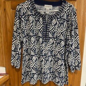 Dark Blue and White Resort Tunic with beaded neckline